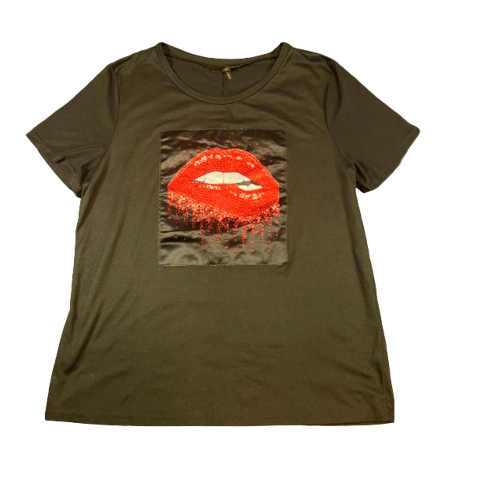 Minette 3X Mixed-Media Graphic Tee with Sequin Lip Bite Patch Women's Black